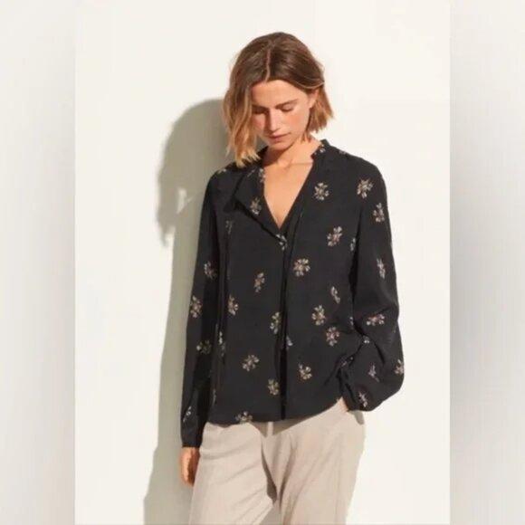 Vince Tossed Bouquet Floral Tie-neck Crinkled Black Blouse Small - Picture 1 of 12